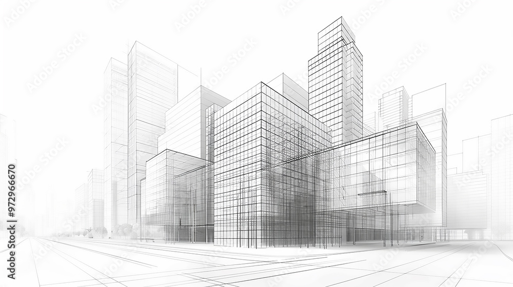 Poster modern architecture building construction perspective design, building sketch line white background