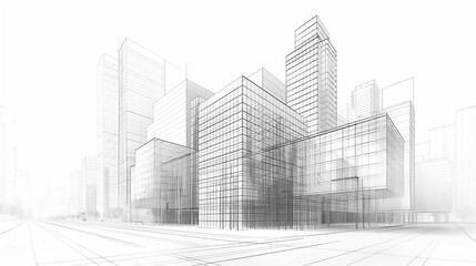 Modern Architecture building construction perspective design, building sketch line white background