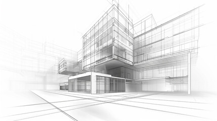 Modern Architecture building construction perspective design, building sketch line white background