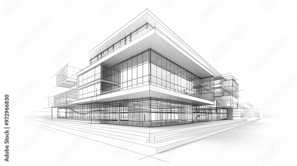 Poster white background modern architecture building construction perspective design, building sketch line 