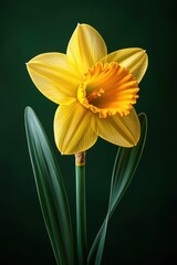 Fototapeta premium Vibrant yellow daffodil with striking petals against a dark green background.