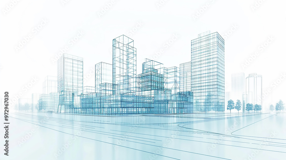 Poster white background modern architecture building construction perspective design, building sketch line 
