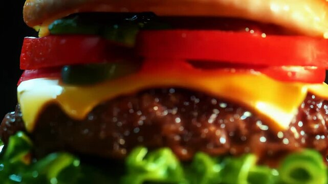 3D animation of a juicy burger with lettuce, tomatoes, cheese and cutlet on a black background