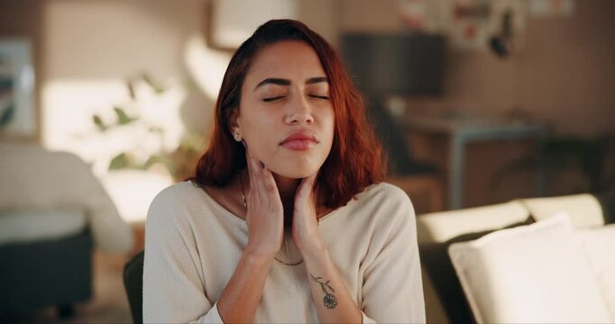 Frustrated woman, sick and pain with sore throat or stress for discomfort, tonsillitis or virus at home. Tired, female person or patient with swollen lymph nodes, inflammation or viral infection
