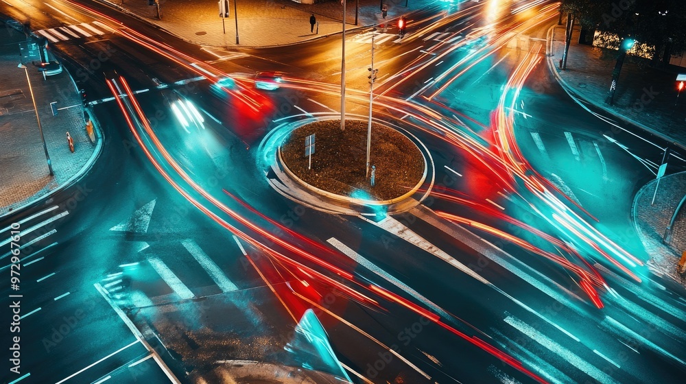Poster a professional image of traffic lights and road markings at a roundabout, demonstrating how signals 