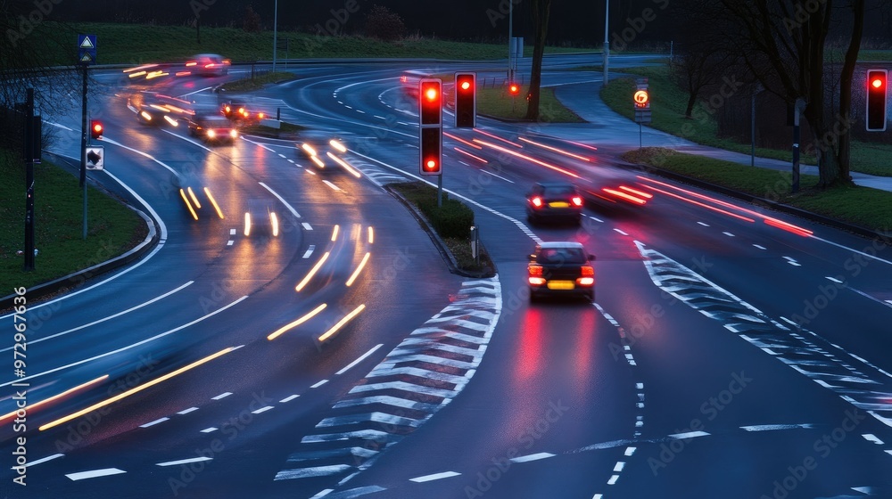 Poster a professional image of traffic lights and road markings at a roundabout, demonstrating how signals 