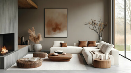 Modern living room with neutral tones and natural decor elements.