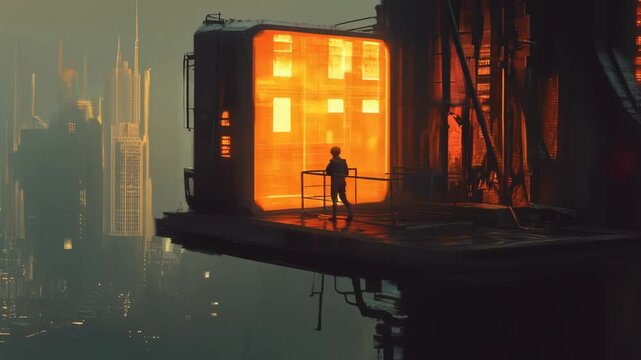 3D animation of a man standing on a platform near a futuristic building with a bright window