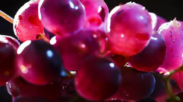 3D animation of a bunch of grapes with bright and rich colors on a black background