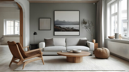 Modern living room with neutral tones, stylish furniture, and decorative elements.