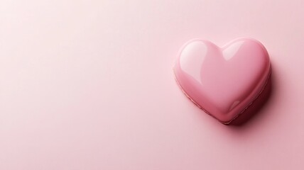 Fototapeta premium A shiny pink heart-shaped chocolate on a soft pink background, creating a minimalist and romantic aesthetic.