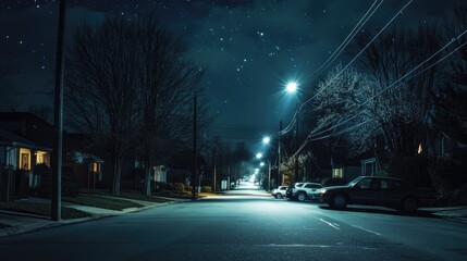 A quiet, empty suburban street at night with dim streetlights casting long shadows, and a few parked cars along the curbs under a starry sky.