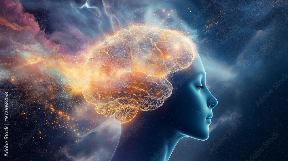 Poster human consciousness illuminated by streams of light, abstract mindscape with glowing neural networks