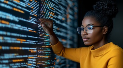 Young African American Woman Programming on Screen in a Modern Workspace. Futuristic Interface