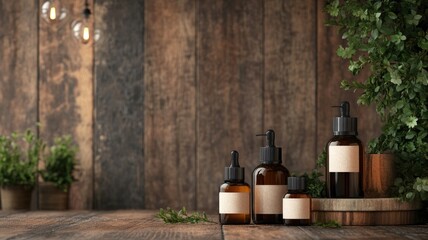 Natural skincare bottles displayed on a rustic wooden surface with greenery accents.