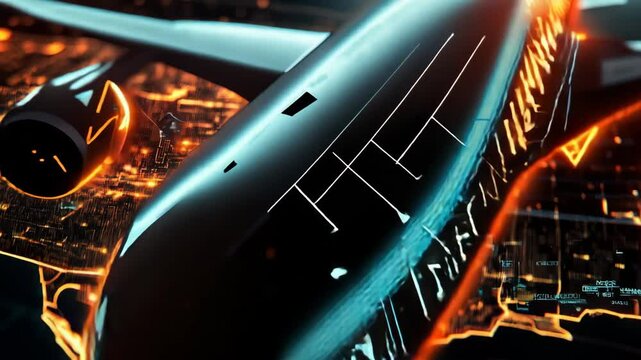 3d animation of an airplane flying over a brightly lit city at night