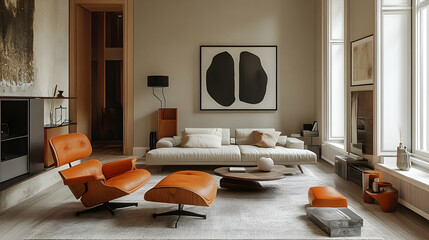 Modern living room with orange accents and minimalist decor.