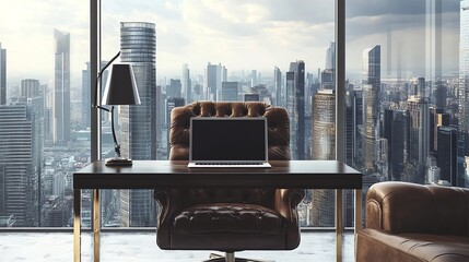 Naklejka na ściany i meble A modern office with a view of a city skyline at dusk.