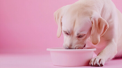 Low-angle view of a Labrador Retriever eating from a bowl, with a happy style and pastel...