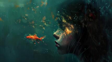 A young woman's face is partially obscured by water, with a goldfish swimming nearby. Her eyes are closed and she appears to be dreaming.