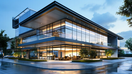 Modern luxury two-story villas with glass exterior, swimming pool and evening lighting Lush Landscaping
