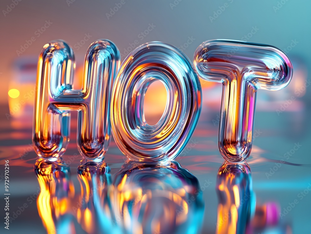 Poster vibrant and eye-catching 'hot' text in glossy glass, with colorful reflections creating a dynamic vi