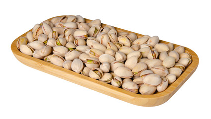 Wooden plate on pistachio nuts isolation
