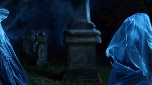 3D animation of an abstract figure shrouded in flowing blue smoke-like waves