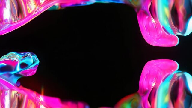 3D animation of transparent dentures with neon light effects on a black background