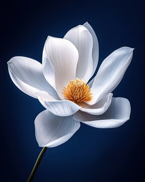 Elegant white lotus flower against a deep blue background.