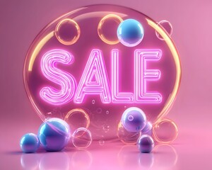 Vibrant neon sale sign surrounded by colorful bubbles, perfect for promotional materials and marketing campaigns.