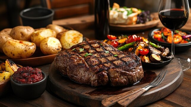 A rustic steakhouse table setup with a large steak, baked potato, and grilled vegetables, creating a hearty and inviting meal presentation.