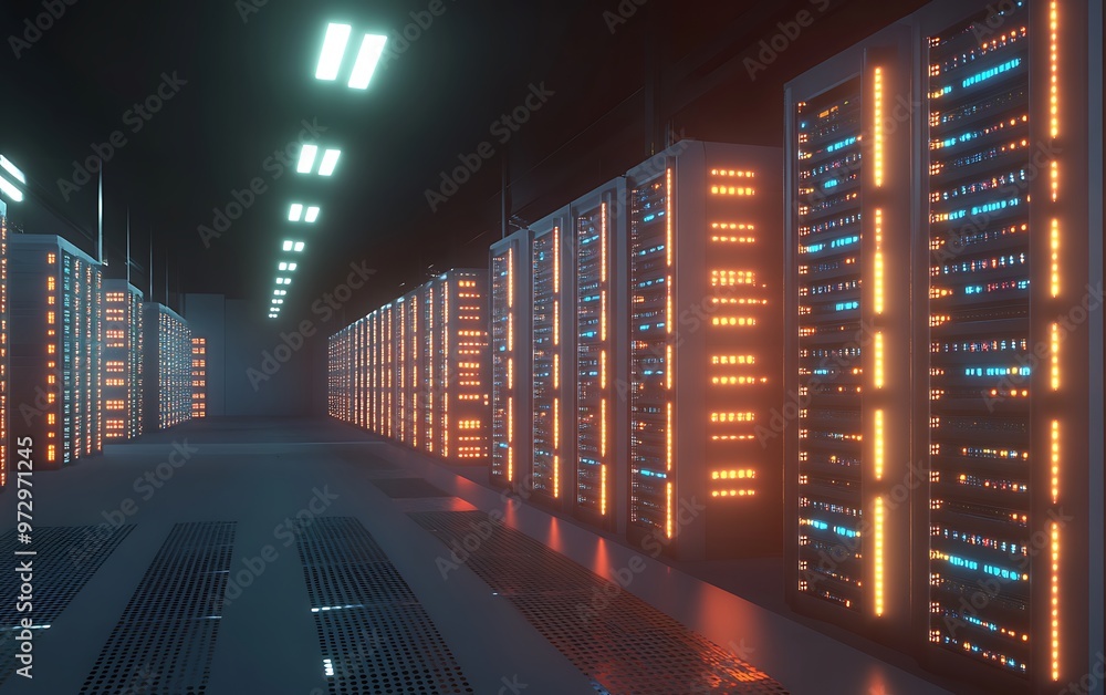 Poster futuristic data center with glowing led lights - illustrating internet infrastructure in 3d model