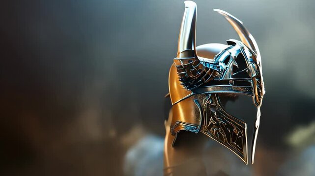 3D animation of a metal Viking helmet with horns on a black background