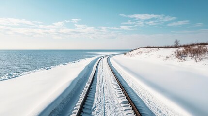 Scenic train route along a snow-covered beach, frozen ocean waves in the distance, coastal railway winter, serene coastal journey