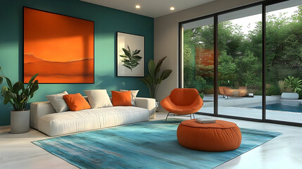 Modern living room with vibrant colors and a view of nature.