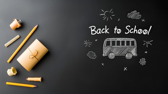 Blackboard featuring "Back to School" with a cute chalk drawing of a school bus