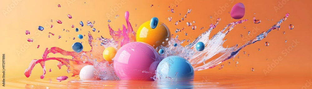 Aufkleber vibrant splash of colored spheres creating dynamic patterns in water against a warm orange backgroun