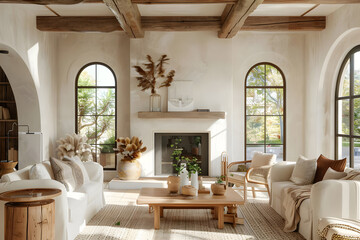 Rustic coffee table between sofa and chairs against fireplace and arched windows. Mediterranean modern cottage style home interior design 3d render. Generative Ai.