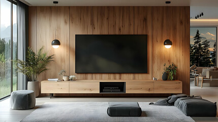 Modern living room with wooden accents, large TV, and cozy seating.