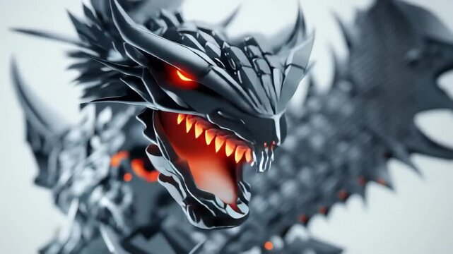 3D animation of a mechanical dragon with metal parts and glowing elements