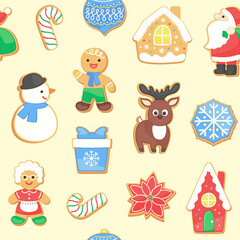 Christmas gingerbread cookies seamless pattern. Cute winter holiday repeat design with cartoon sugar cookie - gingerbread house, Santa, reindeer, Christmas tree. For wrapping paper, fabric print.