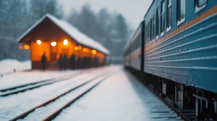 Fototapeta premium Snow-dusted train station in a quaint town, people bundled up, waiting under lantern-lit shelters, train station snow, community warmth