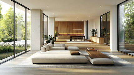 Modern living space with large windows and natural light, featuring minimalist furniture.