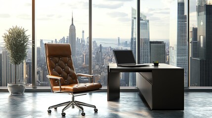 Plakat A modern office with a view of a city skyline at dusk.