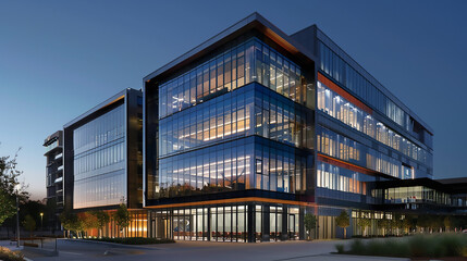 Modern glass office building with sunset in the background an atmosphere of innovation