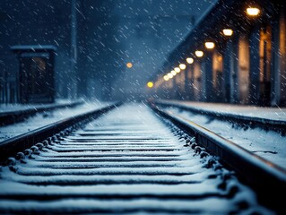 Obraz premium Frozen train station at night, warm yellow lights glowing through the falling snow, railway station snow, winter night solitude