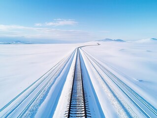 Overhead view of a train crossing a vast snow-covered plain, lone tracks stretching to the horizon, snowy railway landscape, isolated journey