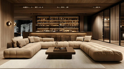 Modern lounge area featuring a cozy sectional sofa and a stylish bar in a warm-toned setting.