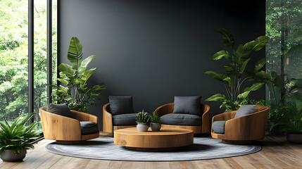 Modern lounge area with wooden furniture and plants, creating a cozy atmosphere.